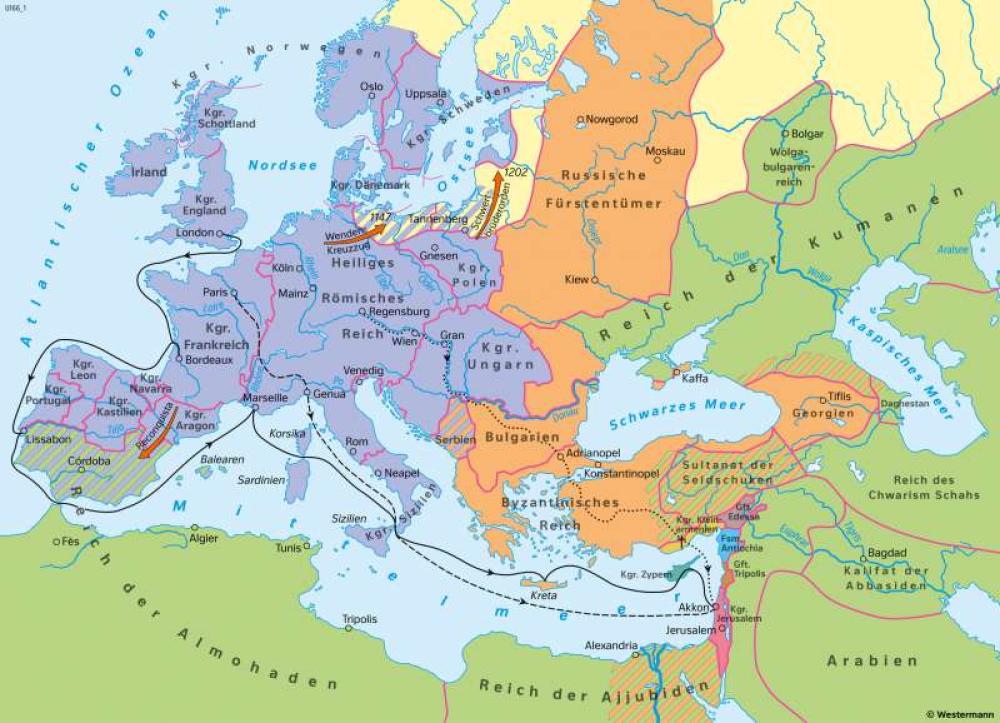 Bild der Karte Europa und Orient - Zeit der ersten Kreuzzüge Ende des 12. Jahrhundert - Geschichte - Geschichte - Vom Spätmittelalter zur Frühen Neuzeit