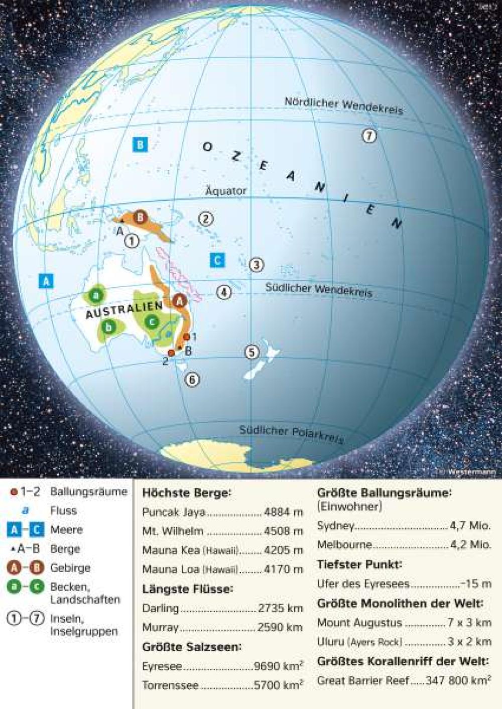 Bild der Karte Australien/Ozeanien - Topographie und Rekorde - Ozeanien - Australien/Ozeanien - Orientierung