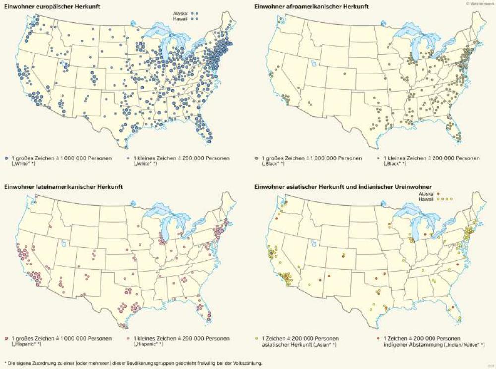 Bild der Karte Vereinigte Staaten von Amerika (USA) - Bevölkerungsgruppen - Amerika - Nord- und Mittelamerika - Staaten und Bevölkerung