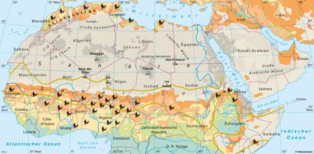 Bild der Karte Sahara und Sahel - Wüstenarten und Wüstenausbreitung (Desertifikation) - Afrika - Afrika - Landwirtschaft und Dürre