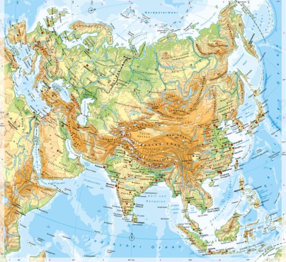 Bild der Karte Asien - Physische Übersicht - Asien - Eurasien - Orientierung