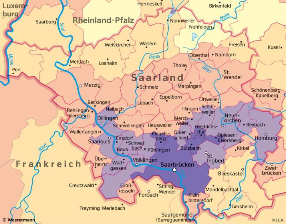 Bild der Karte Saarland - Bevölkerungsverteilung - Saarland - Saarland - Verwaltung und Bevölkerung