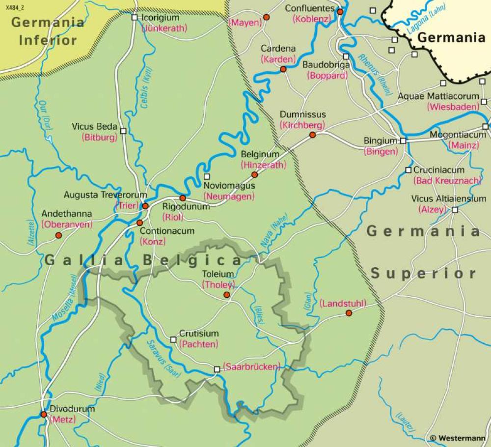 Bild der Karte Saarland und Umgebung - Römerzeit um 200 n.Chr. - Saarland - Saarland und Umgebung - Territorialgeschichte